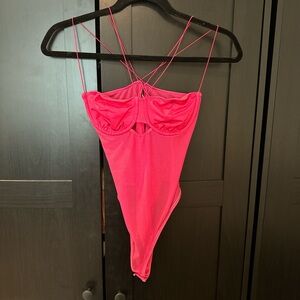 Hot pink strappy mesh bodysuit from Zara. Size: Medium